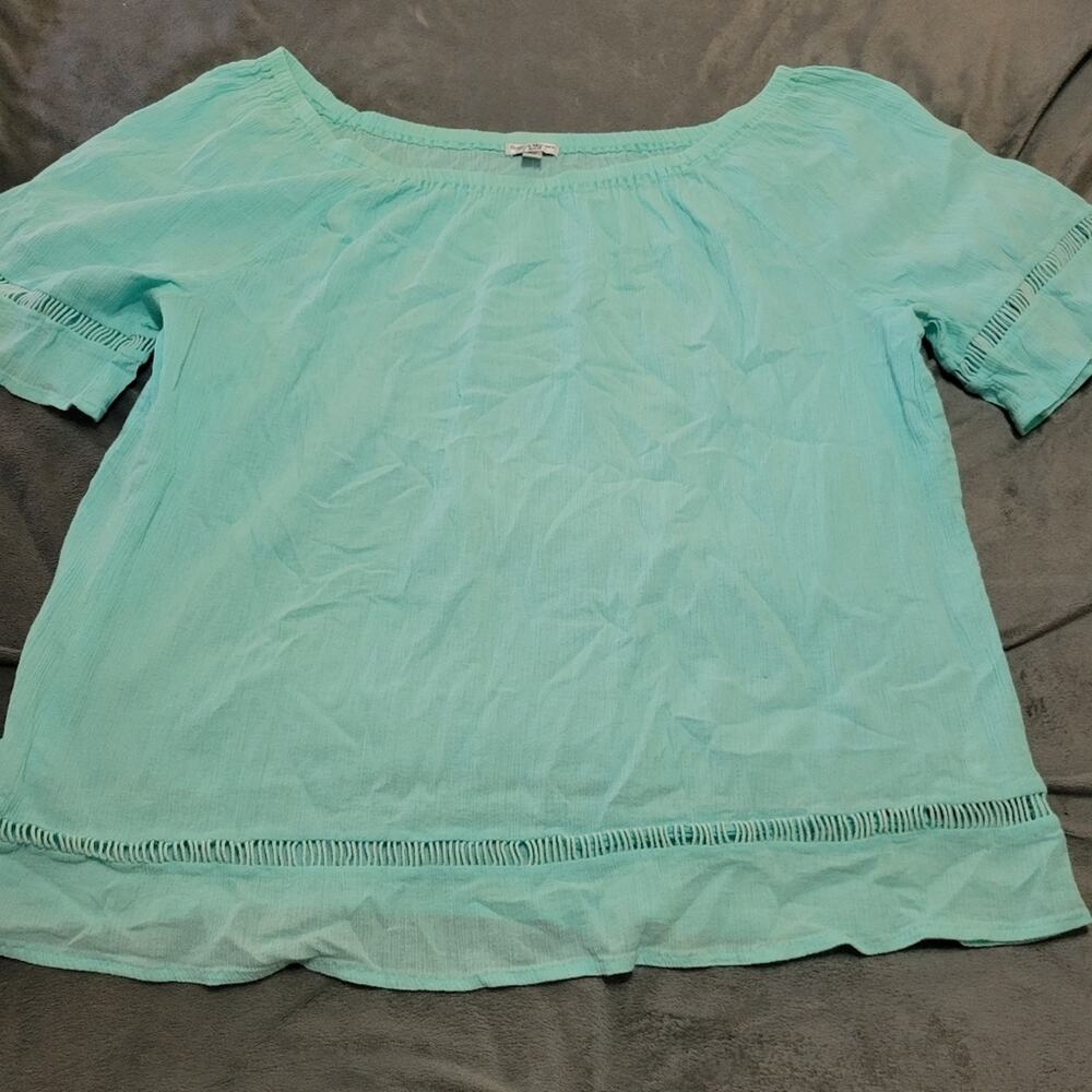Rebecca Malone Shirt Womens‎ 2X Blue Comfort Stretch Ruffle Sleeve Blouse Cotton